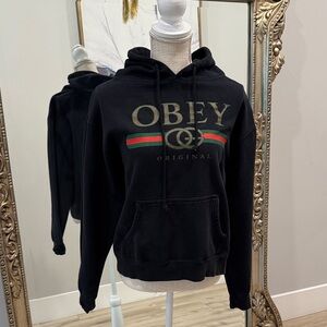 Obey Black Hoodie with Gold and Red Accents